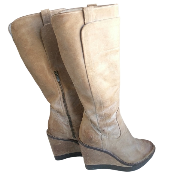 Frye Paige Distressed Leather Wedge Riding Boots - Picture 4 of 9
